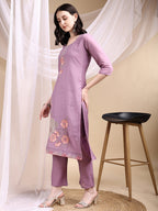 Hand Embroidered Kurta With Pant & Embroidered Dupatta, Lavender - Hiral Fashion | Grocsy