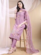Hand Embroidered Kurta With Pant & Embroidered Dupatta, Lavender - Hiral Fashion | Grocsy