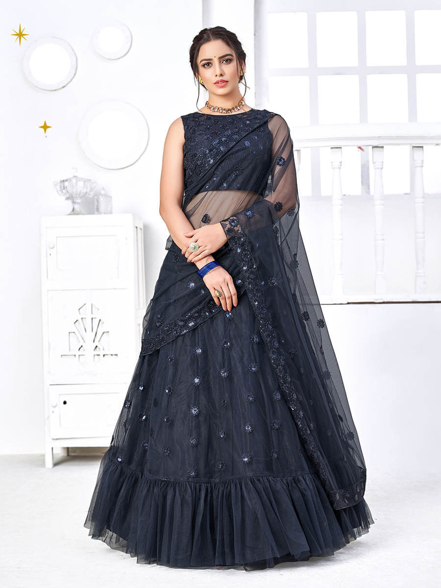 Myra Navy Blue Net Embroidered Designer Lehenga | Grocsy