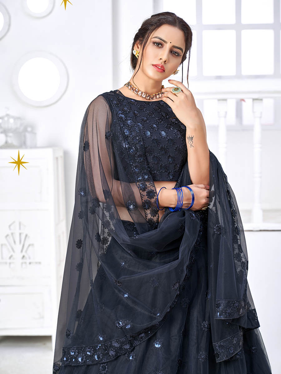 Myra Navy Blue Net Embroidered Designer Lehenga | Grocsy