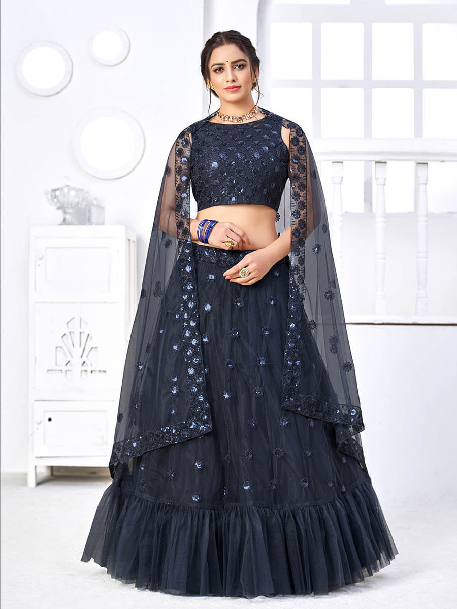 Myra Navy Blue Net Embroidered Designer Lehenga | Grocsy