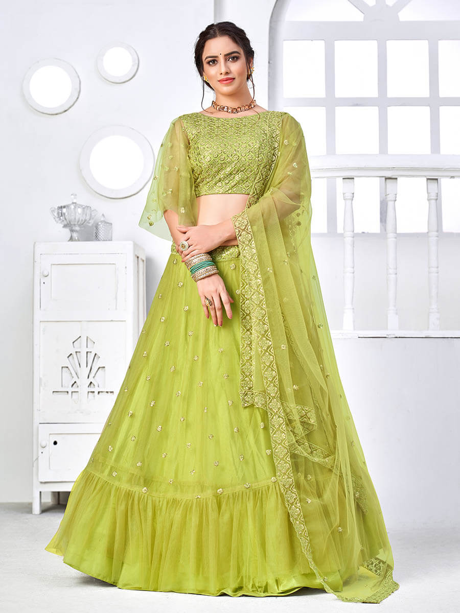 Myra Flurorescent Green Net Embroidered Designer Lehenga | Grocsy