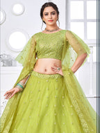 Myra Flurorescent Green Net Embroidered Designer Lehenga | Grocsy