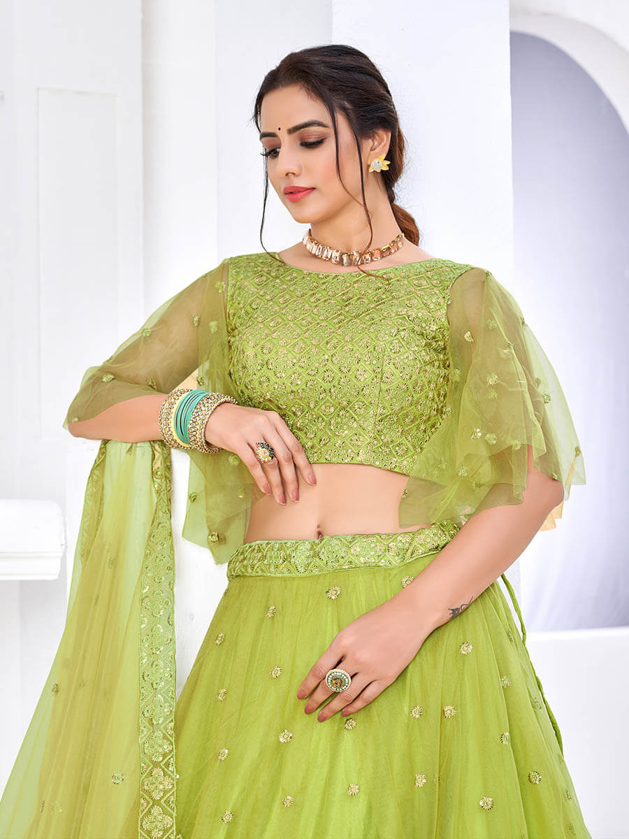 Myra Flurorescent Green Net Embroidered Designer Lehenga | Grocsy