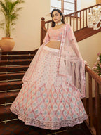 Myra Pearl White and Pink Georgette Embroidered Party Wear Lehenga | Grocsy