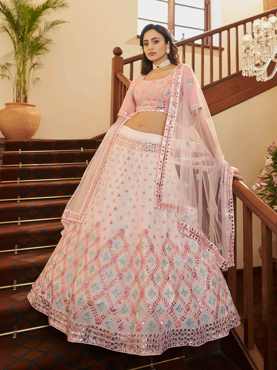 Myra Pearl White and Pink Georgette Embroidered Party Wear Lehenga | Grocsy