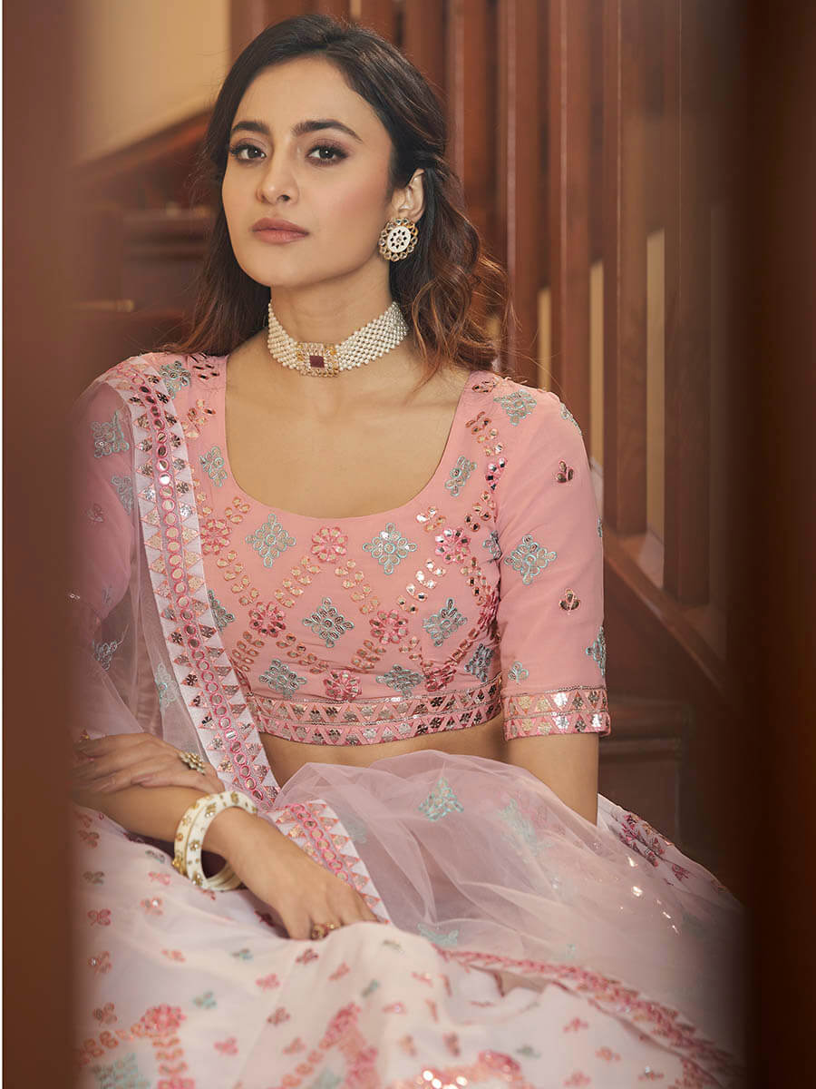 Myra Pearl White and Pink Georgette Embroidered Party Wear Lehenga | Grocsy