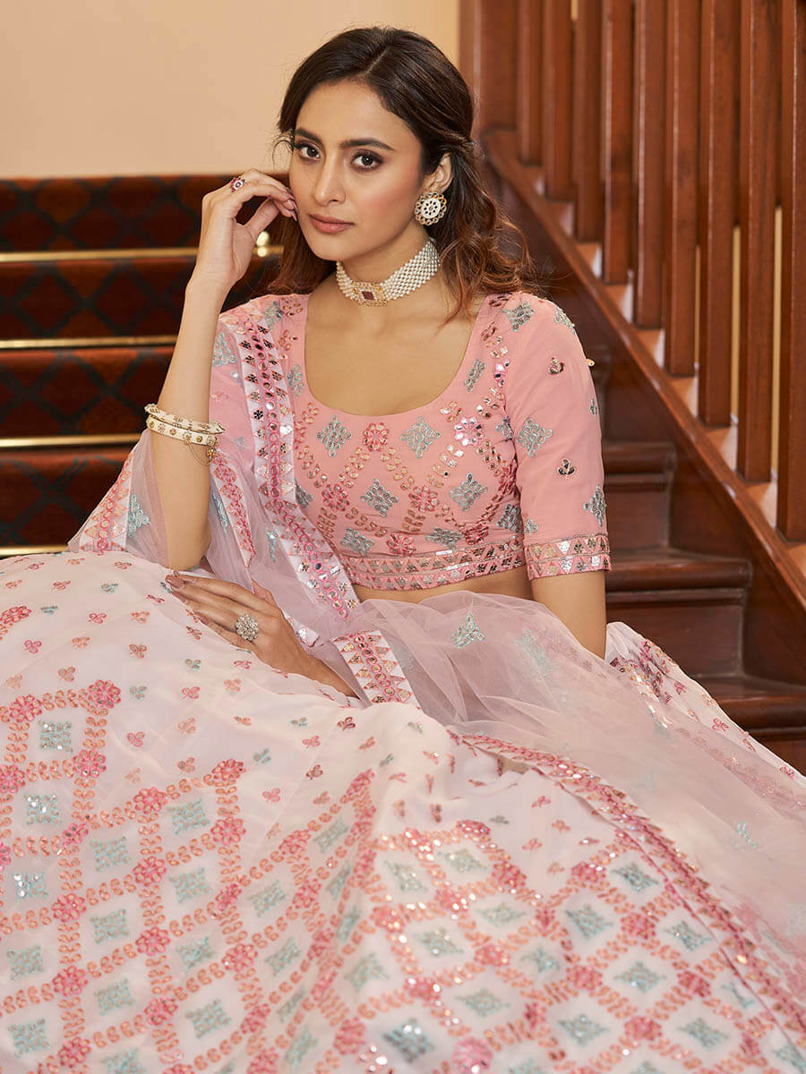 Myra Pearl White and Pink Georgette Embroidered Party Wear Lehenga | Grocsy