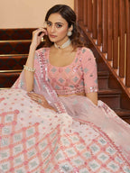 Myra Pearl White and Pink Georgette Embroidered Party Wear Lehenga | Grocsy
