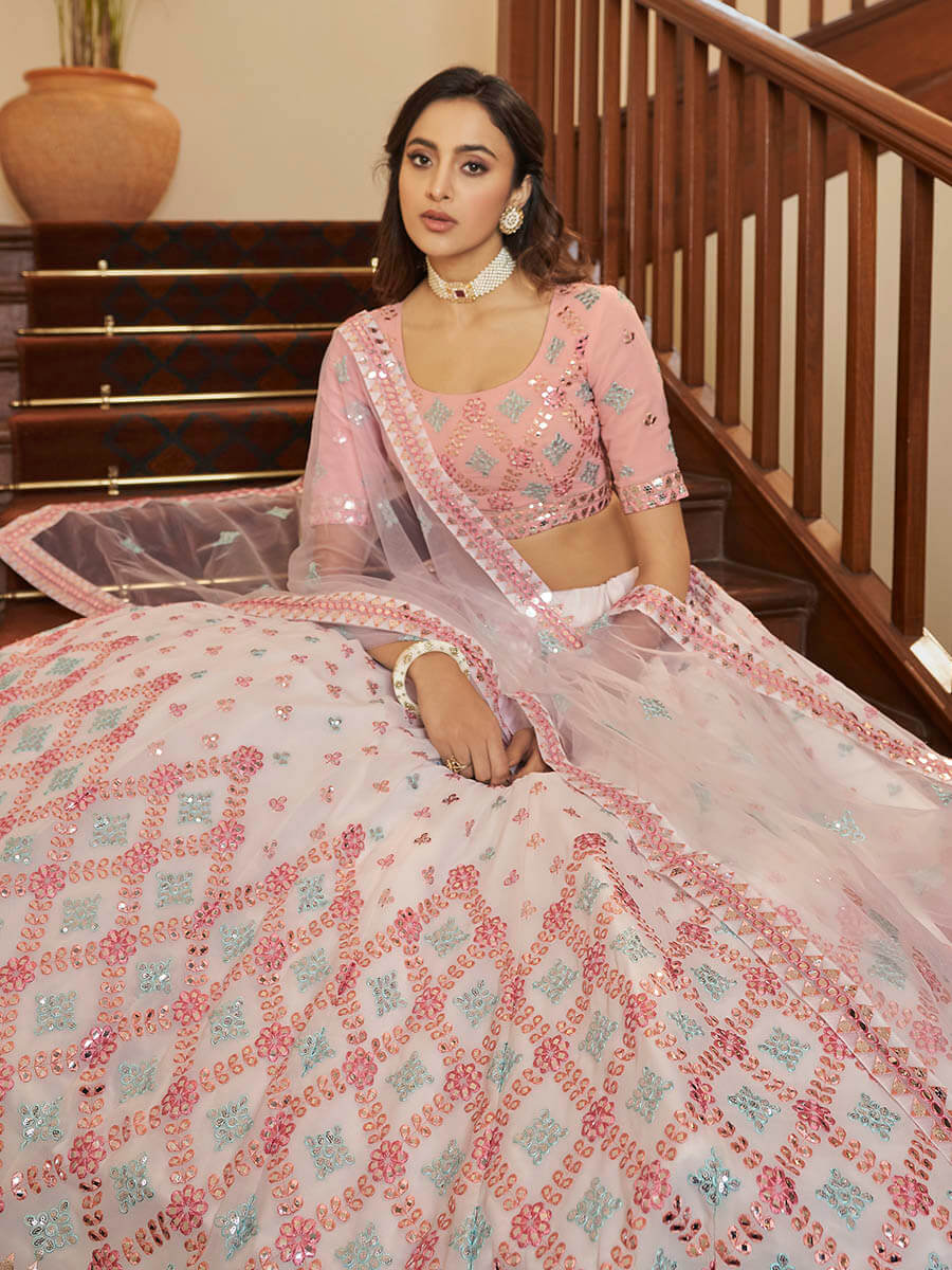 Myra Pearl White and Pink Georgette Embroidered Party Wear Lehenga | Grocsy