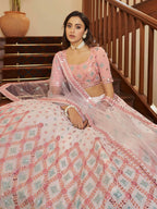 Myra Pearl White and Pink Georgette Embroidered Party Wear Lehenga | Grocsy