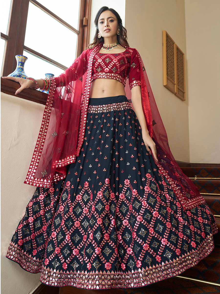 Myra Teal Blue and Maroon Georgette Embroidered Party Wear Lehenga | Grocsy