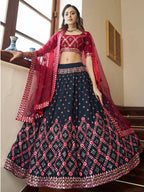 Myra Teal Blue and Maroon Georgette Embroidered Party Wear Lehenga | Grocsy