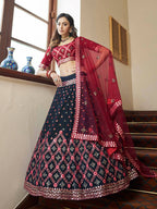 Myra Teal Blue and Maroon Georgette Embroidered Party Wear Lehenga | Grocsy