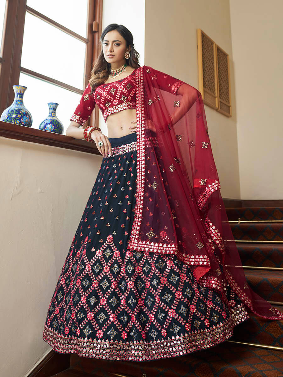 Myra Teal Blue and Maroon Georgette Embroidered Party Wear Lehenga | Grocsy