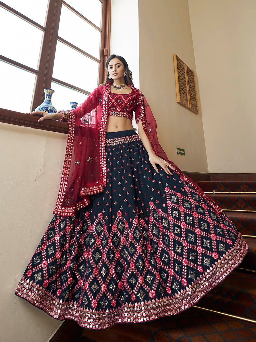 Myra Teal Blue and Maroon Georgette Embroidered Party Wear Lehenga | Grocsy