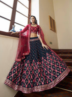 Myra Teal Blue and Maroon Georgette Embroidered Party Wear Lehenga | Grocsy