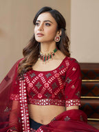 Myra Teal Blue and Maroon Georgette Embroidered Party Wear Lehenga | Grocsy