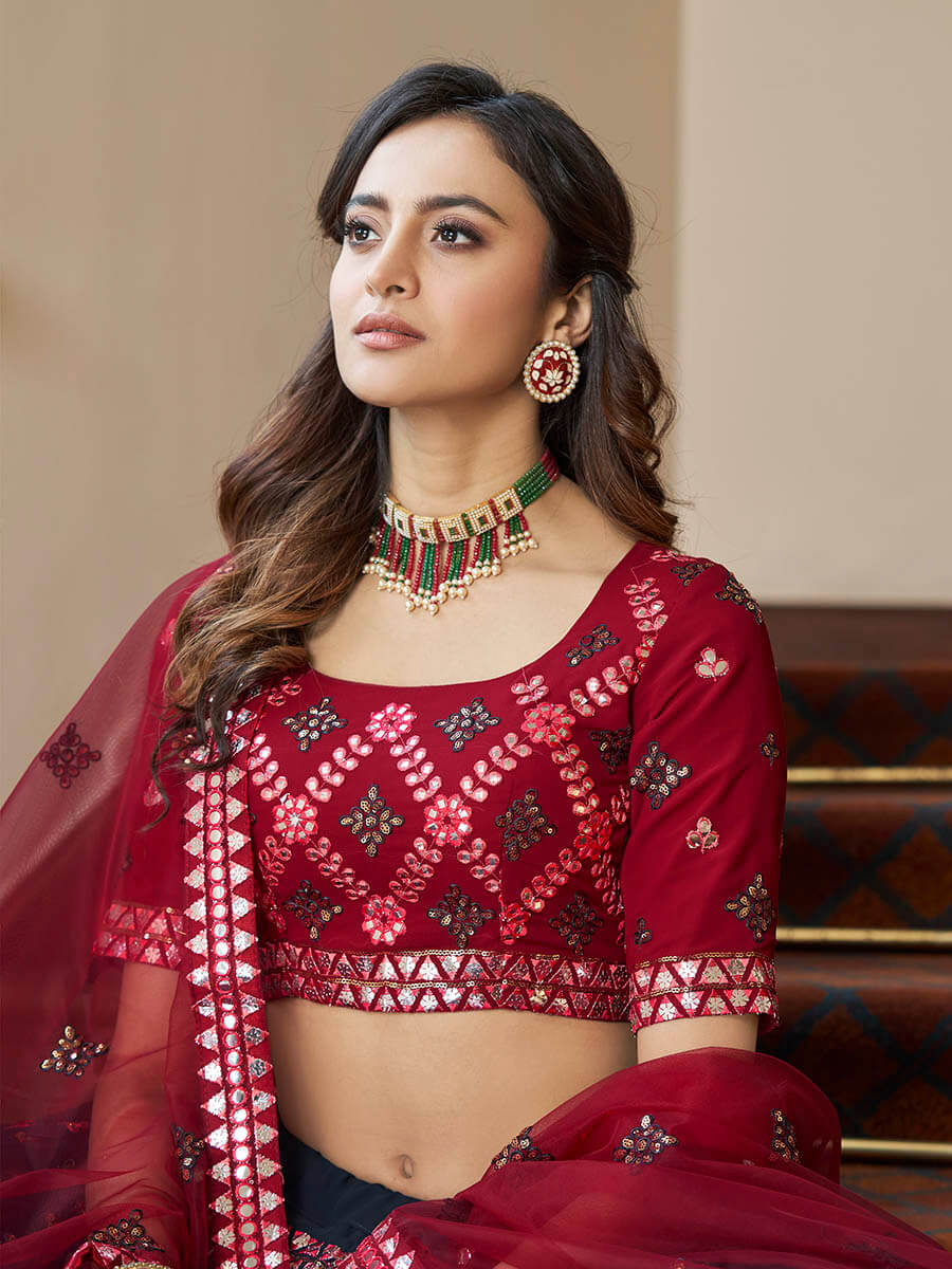 Myra Teal Blue and Maroon Georgette Embroidered Party Wear Lehenga | Grocsy