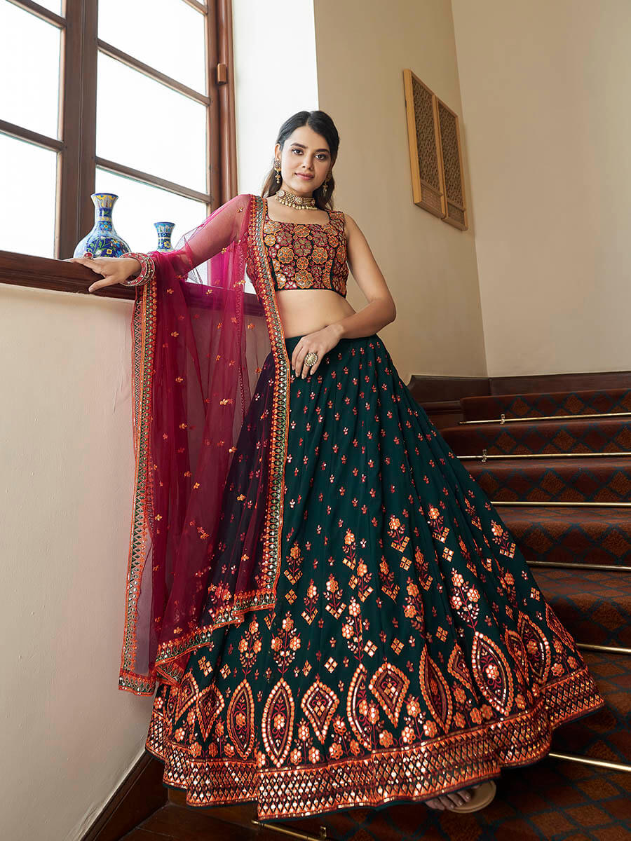 Myra Green and Deep Pink Georgette Embroidered Party Wear Lehenga | Grocsy