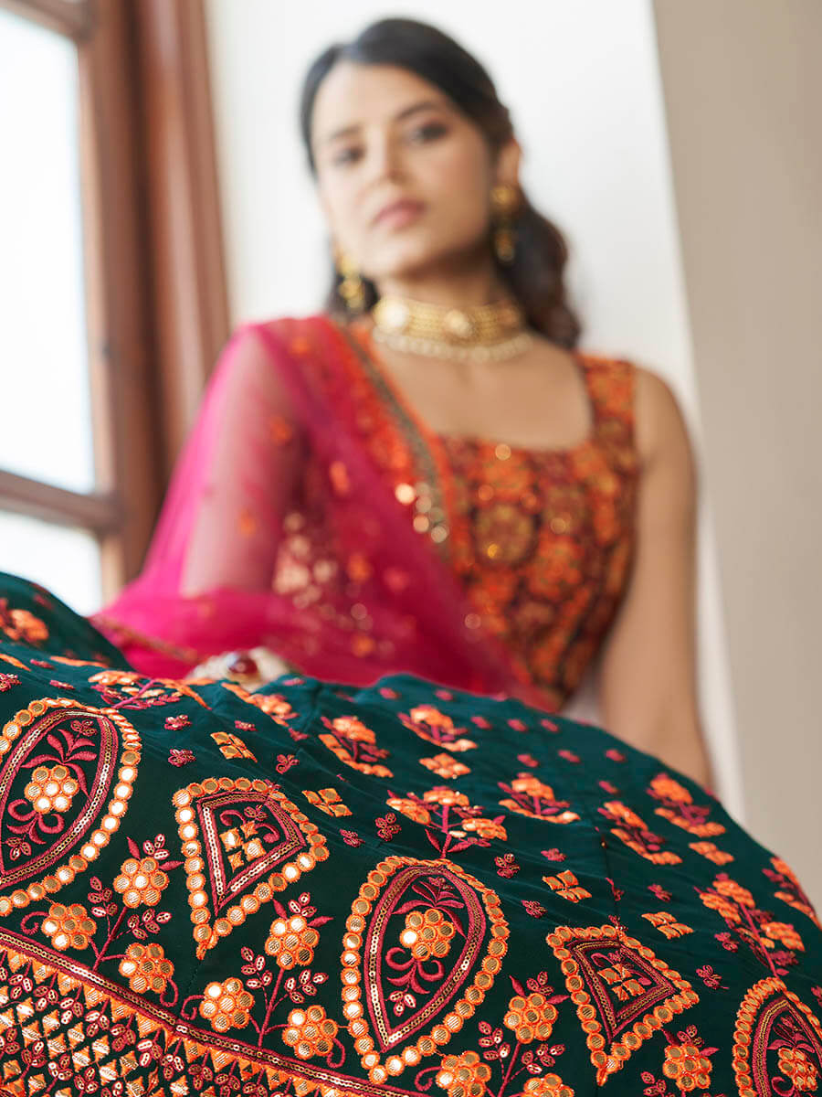Myra Green and Deep Pink Georgette Embroidered Party Wear Lehenga | Grocsy