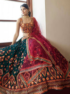 Myra Green and Deep Pink Georgette Embroidered Party Wear Lehenga | Grocsy