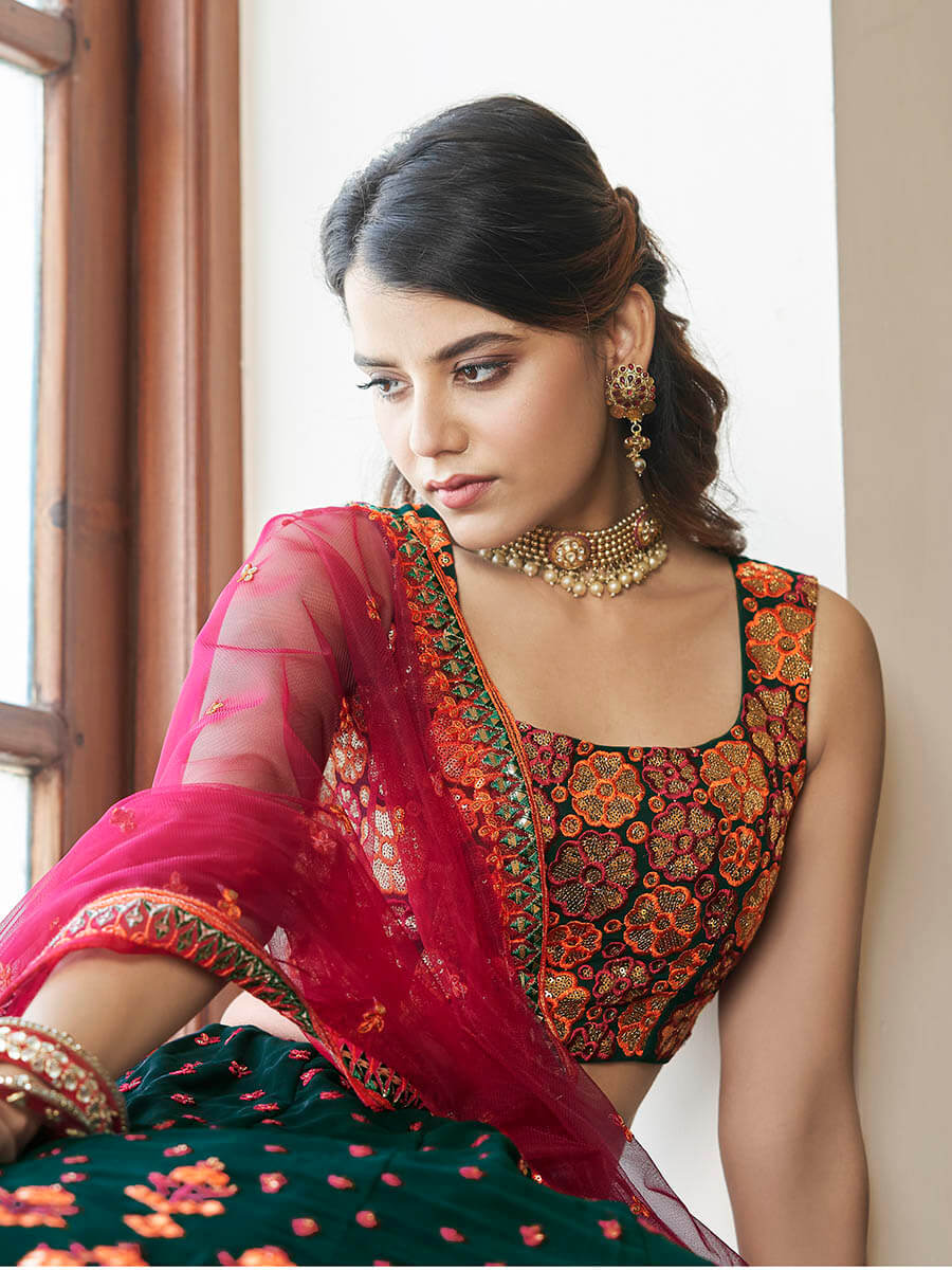 Myra Green and Deep Pink Georgette Embroidered Party Wear Lehenga | Grocsy