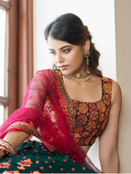 Myra Green and Deep Pink Georgette Embroidered Party Wear Lehenga | Grocsy