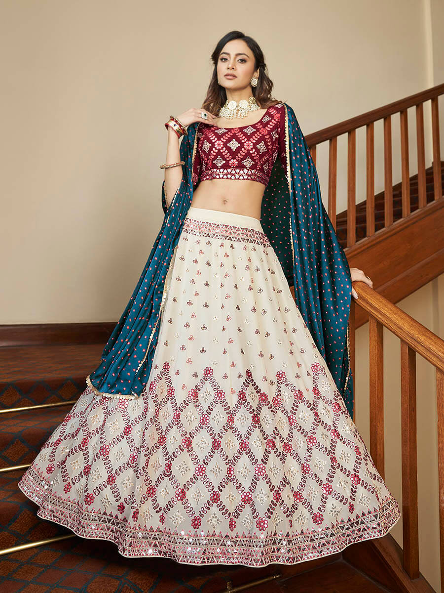 Myra Maroon and Beige Georgette Embroidered Party Wear Lehenga | Grocsy