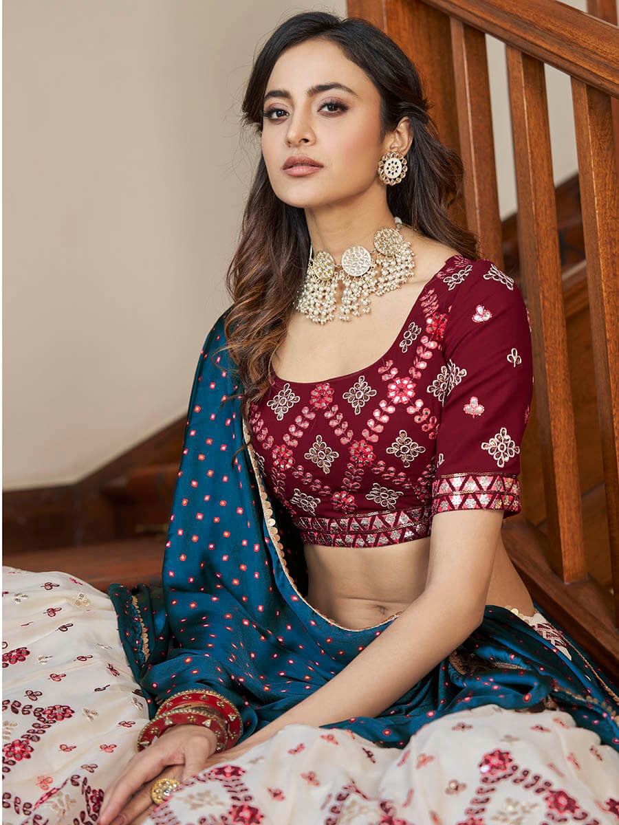 Myra Maroon and Beige Georgette Embroidered Party Wear Lehenga | Grocsy