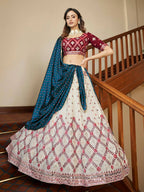 Myra Maroon and Beige Georgette Embroidered Party Wear Lehenga | Grocsy