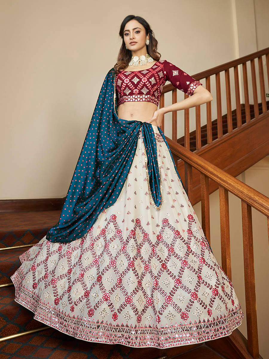 Myra Maroon and Beige Georgette Embroidered Party Wear Lehenga | Grocsy