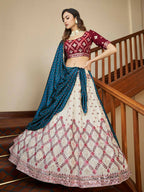 Myra Maroon and Beige Georgette Embroidered Party Wear Lehenga | Grocsy