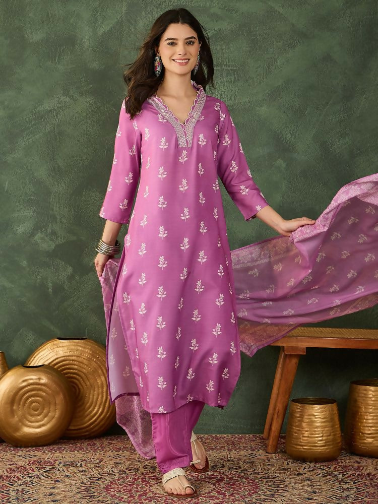 The52 Women's Gorgeous Rayon Fabric Printed Work Straight Kurta Pant and Dupatta Set | Grocsy