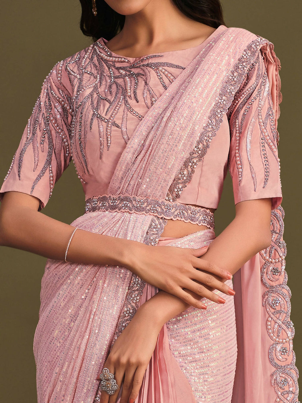 Peach Georgette Crepe Silk Sequence Embroidered Saree With Stitched Blouse - Mohmanthan La Belle | Grocsy