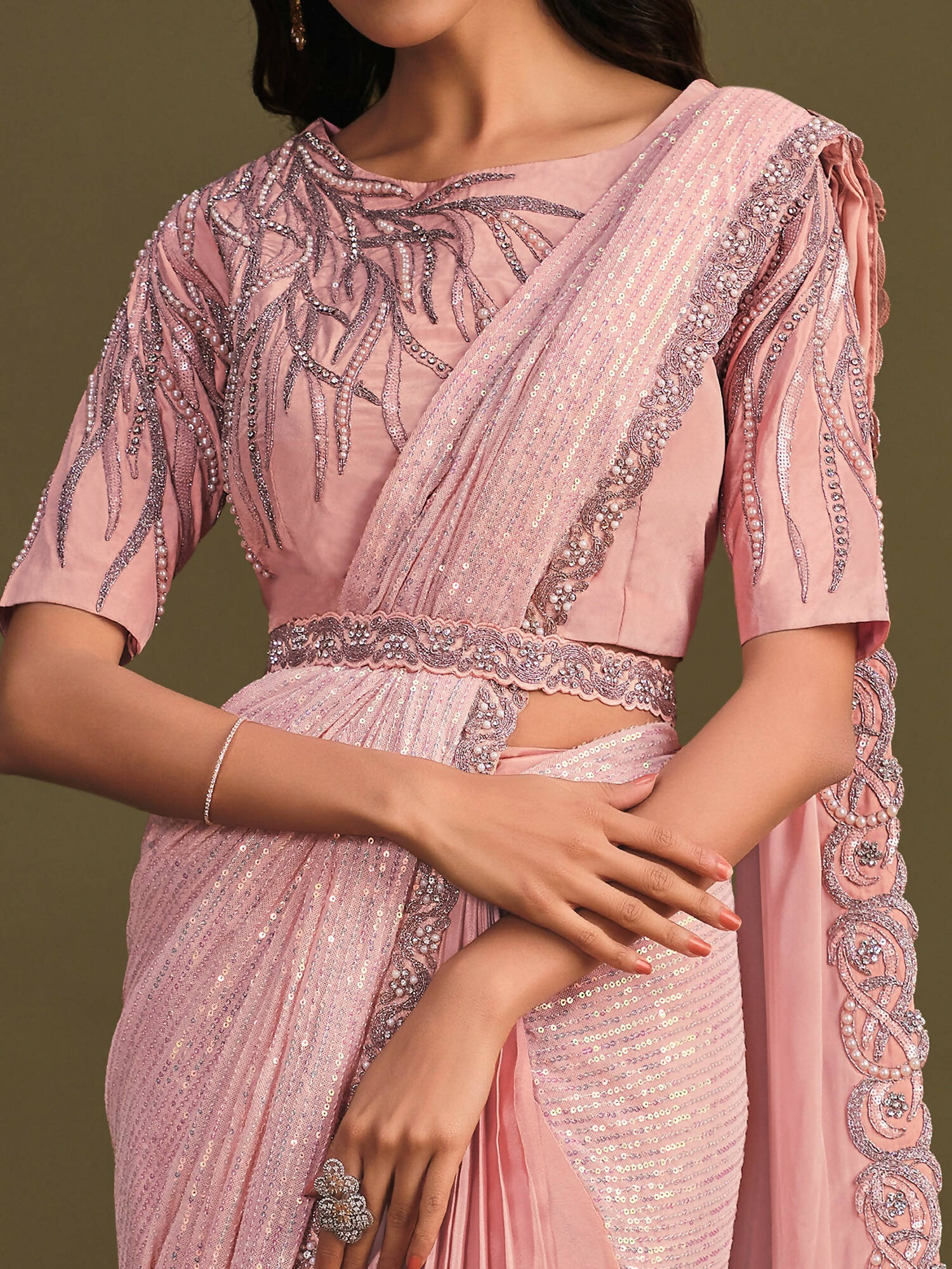 Peach Georgette Crepe Silk Sequence Embroidered Saree With Stitched Blouse - Mohmanthan La Belle | Grocsy