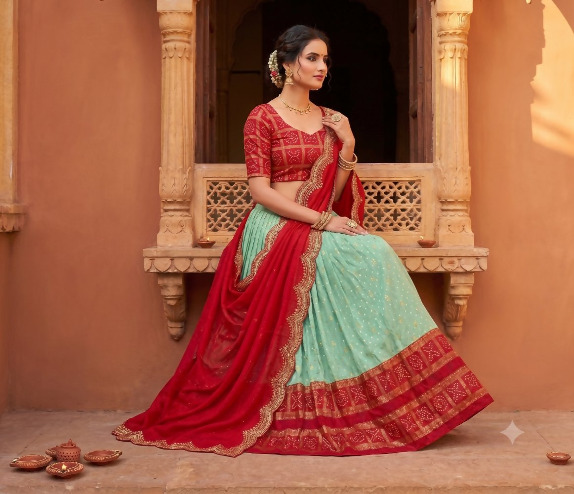 Teeya Creation Ethnic Sky Blue Lehenga Choli with Scalloped Border Dupatta | Grocsy