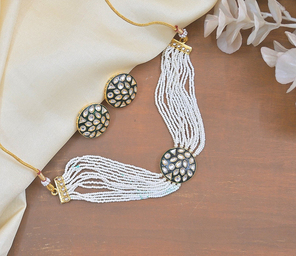 Jewel City Elegant Meenakari Pearl Choker Set - Handcrafted Kundan Necklace with Matching Studs | Grocsy