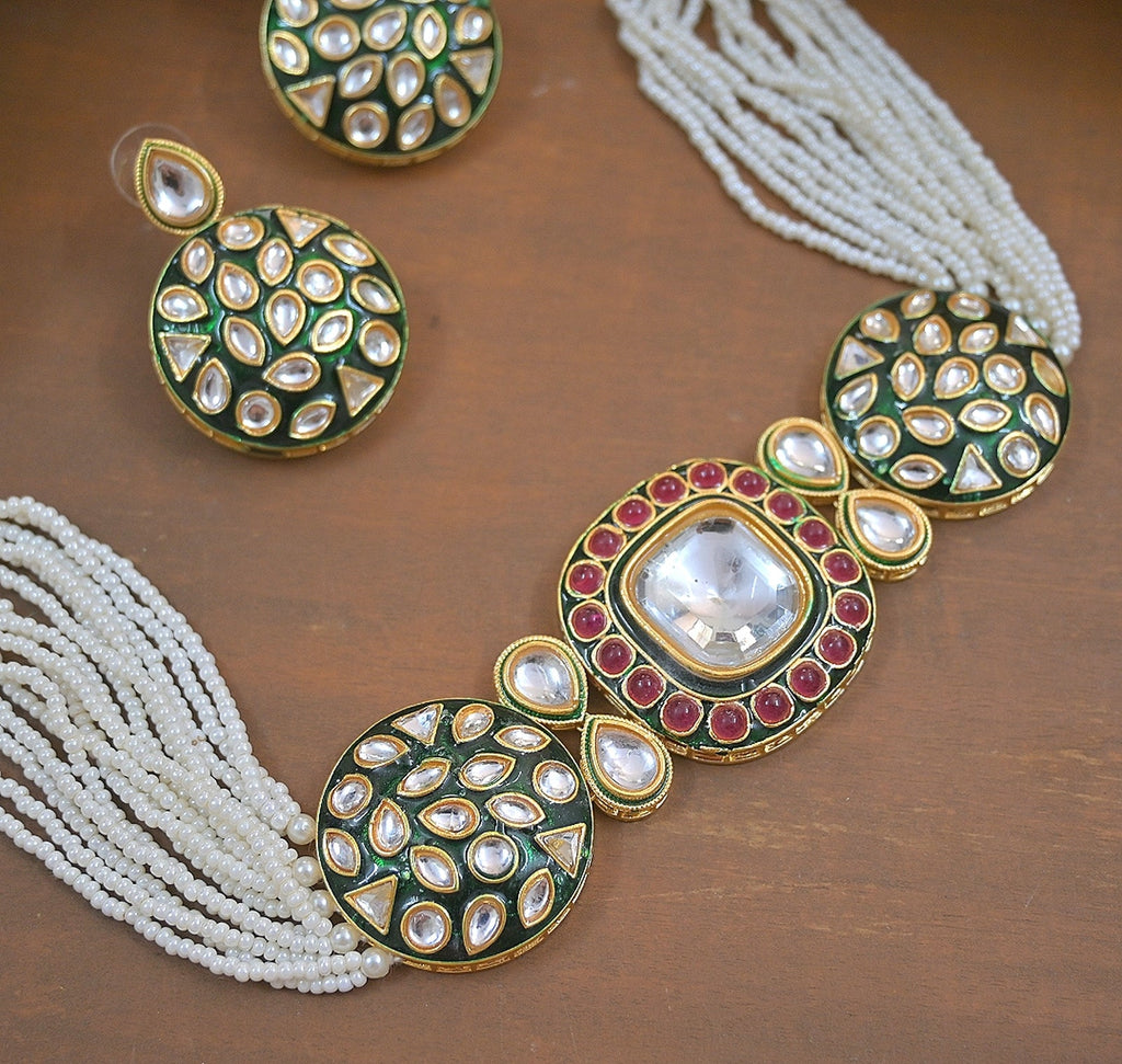 Jewel City Luxury Kundan Pearl Side Necklace Set - Handcrafted Indian Bridal Jewelry with Green Meenakari and Ruby Accents | Grocsy