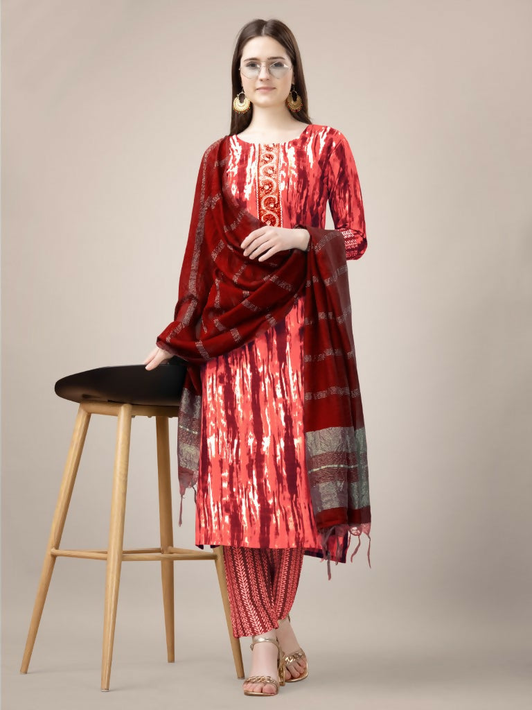 Jyoti Fashion Women's Orange Rayon Print with Embroidery & Fancy Lace Work Kurta with Trouser & Dupatta | Grocsy