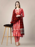 Jyoti Fashion Women's Orange Rayon Print with Embroidery & Fancy Lace Work Kurta with Trouser & Dupatta | Grocsy