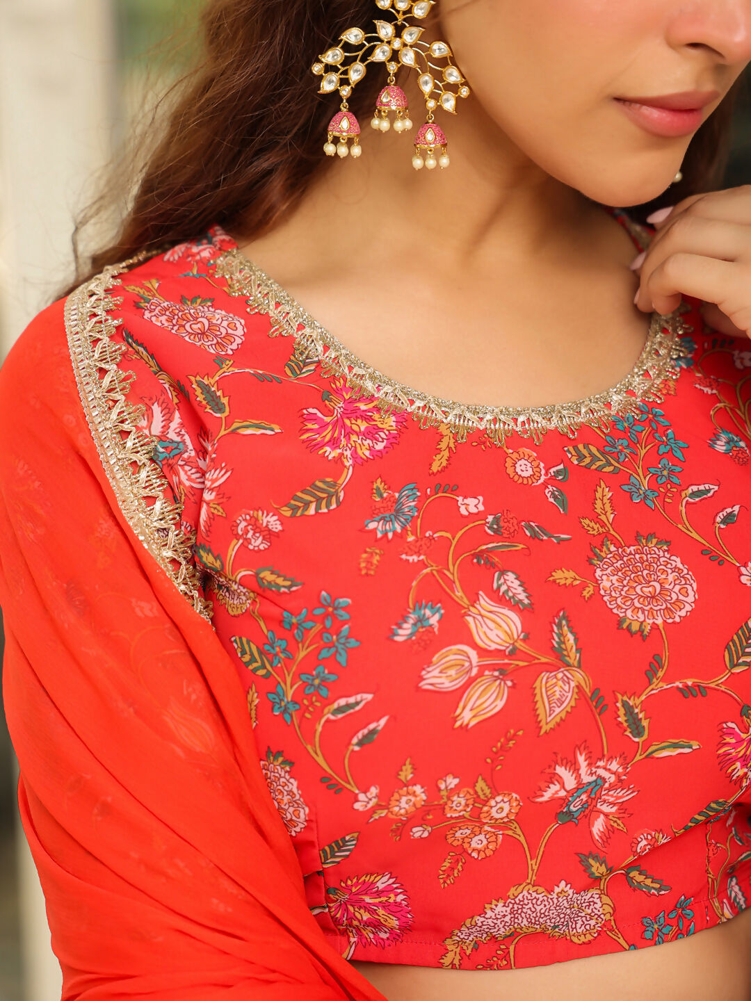 Janasya Red Georgette Floral Lehenga Choli Dupatta | Grocsy