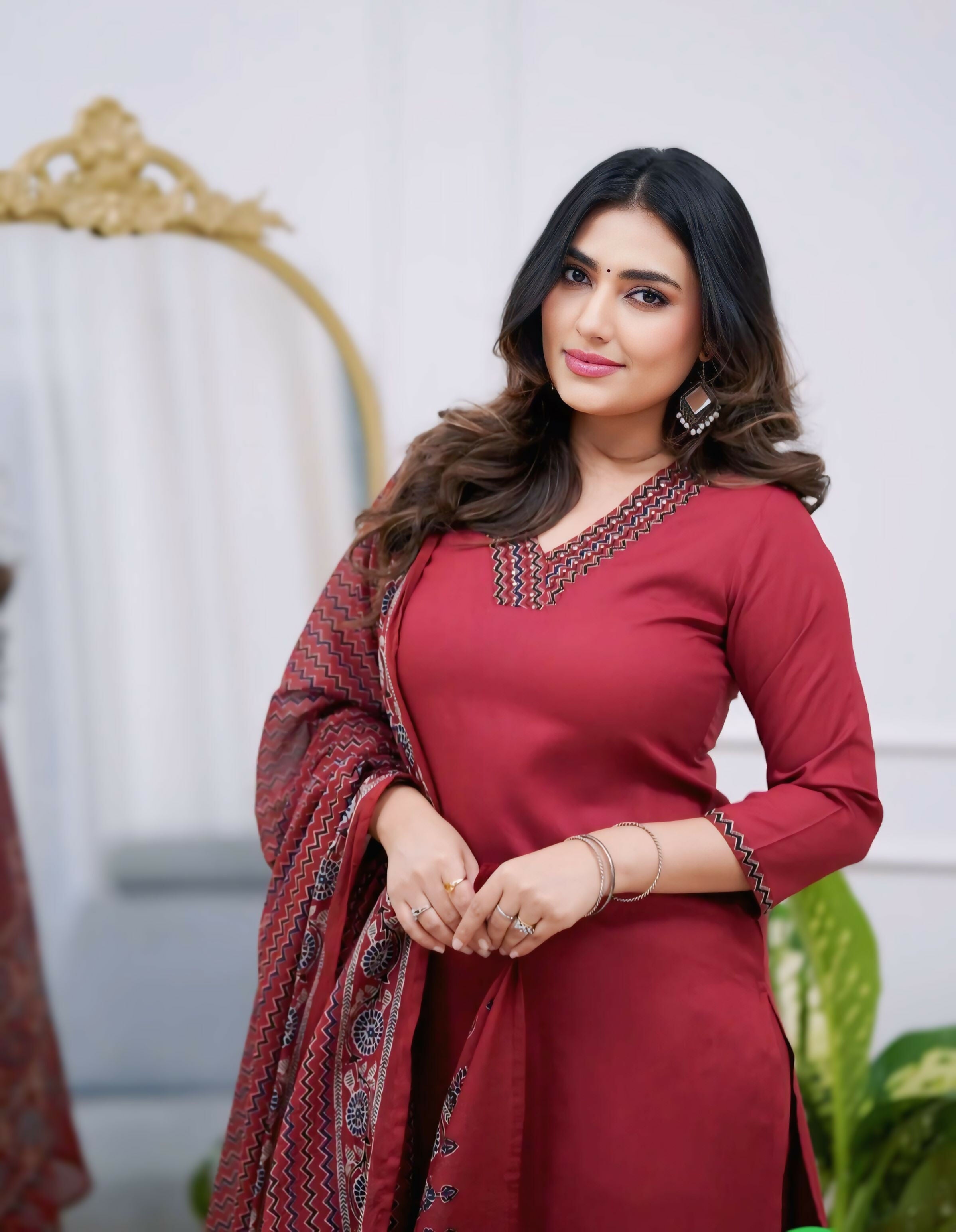 The52 Maroon Women's Gorgeous Parampara Fabric Embroidered Work Straight Kurta Pant and Dupatta Set | Grocsy
