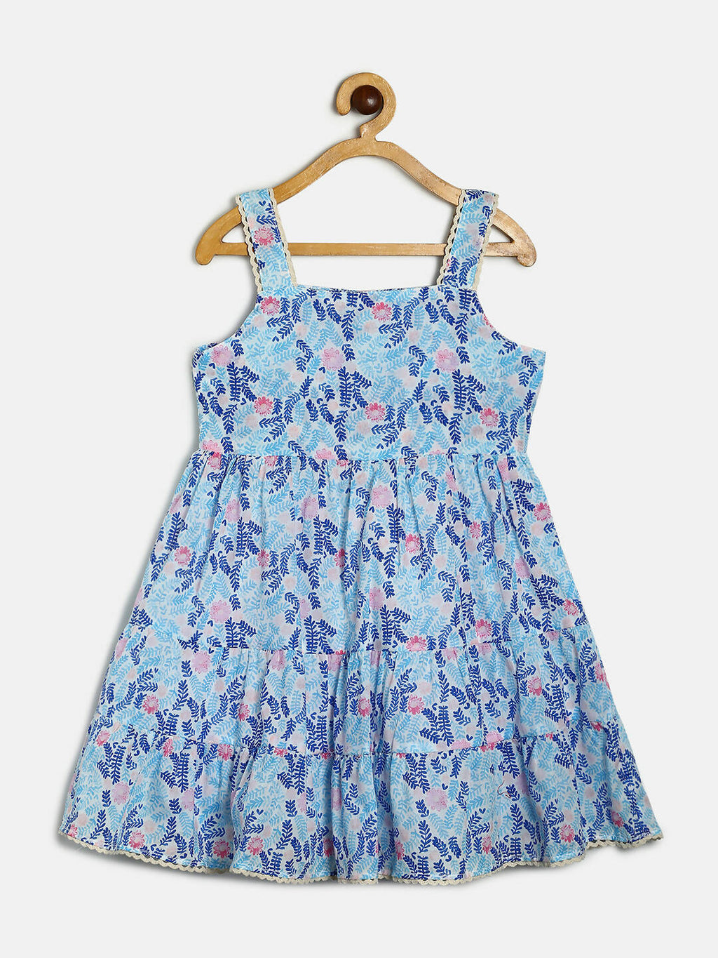 Manet Girls Cotton Layer Frock Leaf Printed - Blue | Grocsy