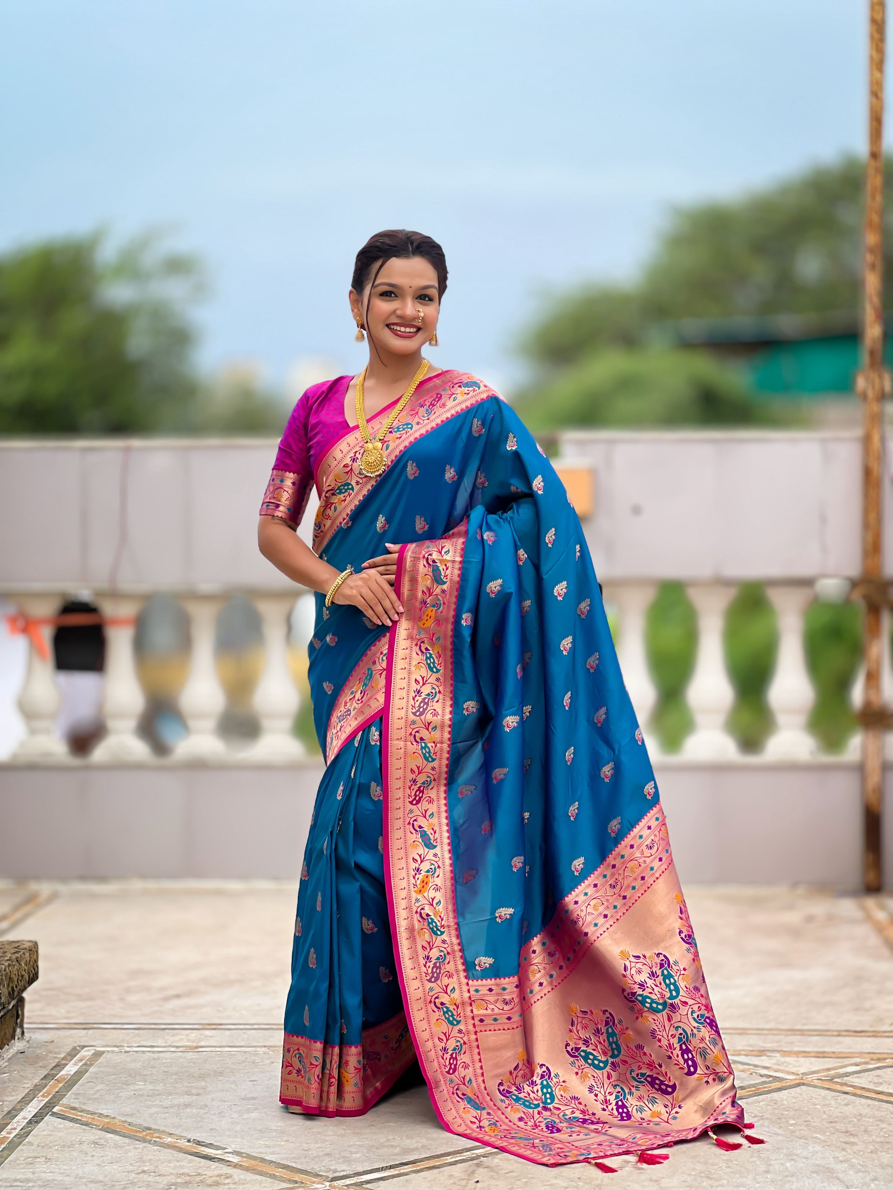 Mameraa Sarees Teal Blue Faux Banarasi Silk Saree With Paithani Rich Weaved Pallu And Blouse-Teal | Grocsy