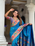Mameraa Sarees Sky Blue Faux Banarasi Silk Saree With Paithani Rich Weaved Pallu And Blouse-Sky_Blue | Grocsy