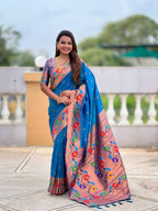 Mameraa Sarees Sky Blue Faux Banarasi Silk Saree With Paithani Rich Weaved Pallu And Blouse-Sky_Blue | Grocsy