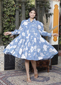 Miravan Women's Sky Blue Flower Printed Pure Cotton Collar Neck Loose Fit Tiered Fit And Flare Dress | Grocsy