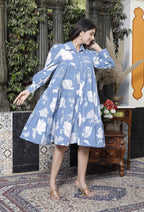 Miravan Women's Sky Blue Flower Printed Pure Cotton Collar Neck Loose Fit Tiered Fit And Flare Dress | Grocsy