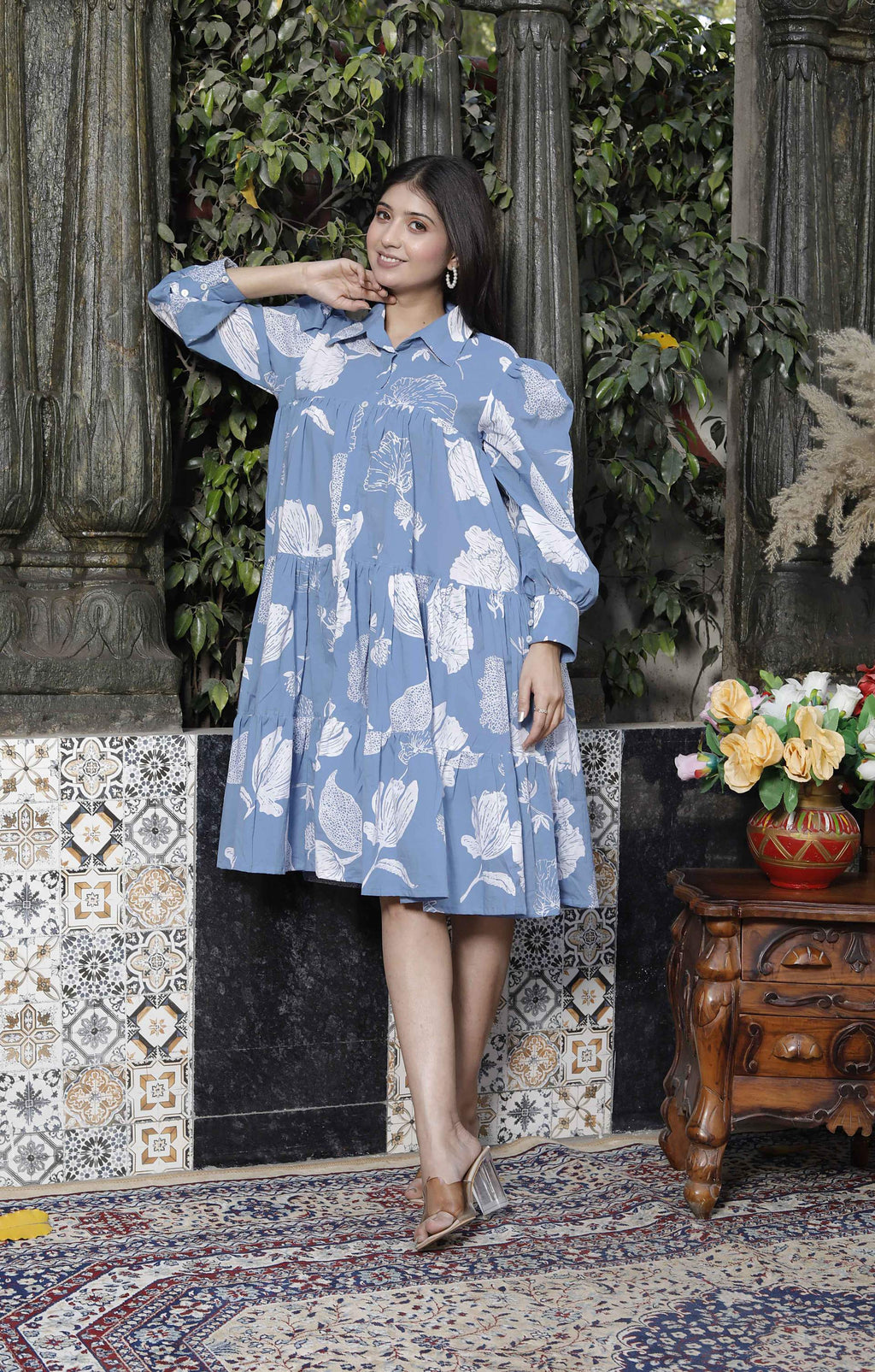 Miravan Women's Sky Blue Flower Printed Pure Cotton Collar Neck Loose Fit Tiered Fit And Flare Dress | Grocsy